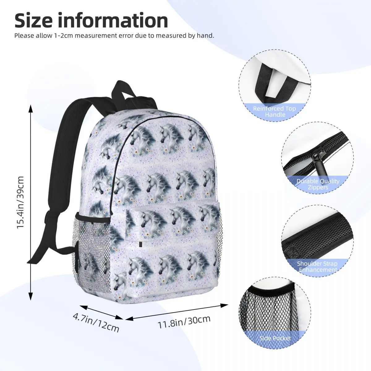 White Horse With Butterfly Print Backpack Daypack Large Capacity Boys Girls BookBag Shoulder Bags for Men Women Kids School Bag