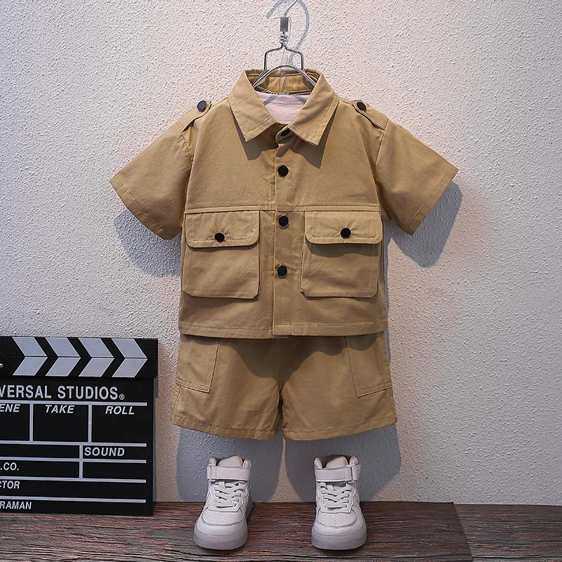 Summer Kids 2024 Summer New Boys Suit Child Buttons Shirt Cargo Shorts Multi-pocket Workwear Suit Short Sleeve Shorts Cotton Set