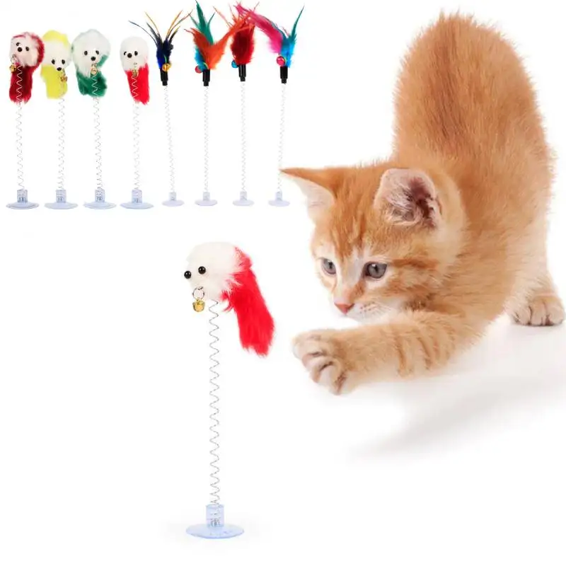 Multicolor Feather Stick Spring Toy Suction With Bell Mouse Cat Interactive Pet Tool Elastic Scratcher Mice Teaser Entertainment