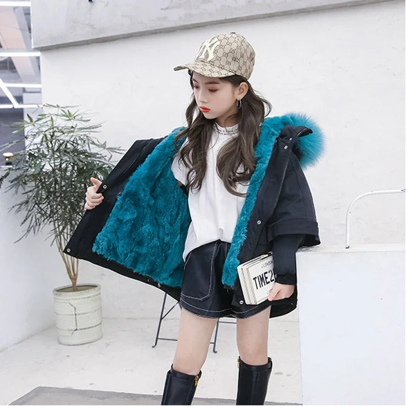 2024 Winter Fur Babyu Boy Coat Hooded Warm Girls Jackets Outdoor Sport Children Snowsuits Windproof Teenager Kids Ourerwear