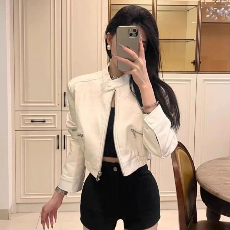 2025 Herfst Nieuwe Knappe Veelzijdige Korte Motorjas Top Hoge Taille PU Leren Jas voor Vrouwen Nepbontjas