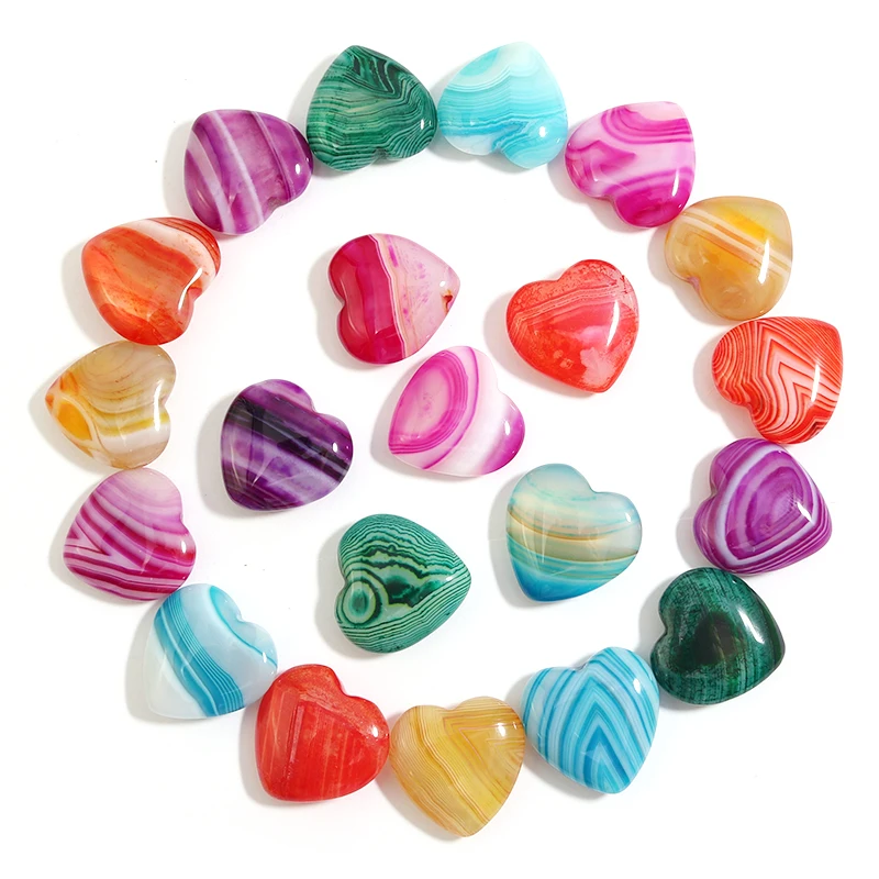 High Quality Heart Stone Stripe Colorful Charms Reiki Crystal 20mm Beads For Jewelry Making Gemstones No Hole Wholesale Pick