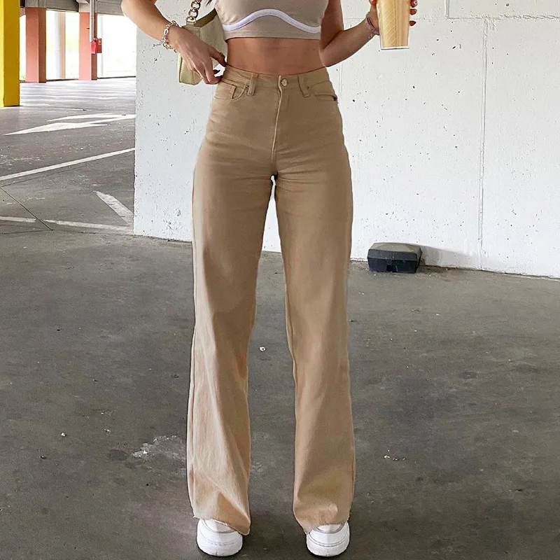 Women High Waist Straight Denim Pants Solid Zipper Ankle Length Loose Stretch Jeans 2026 Spring Streetwear