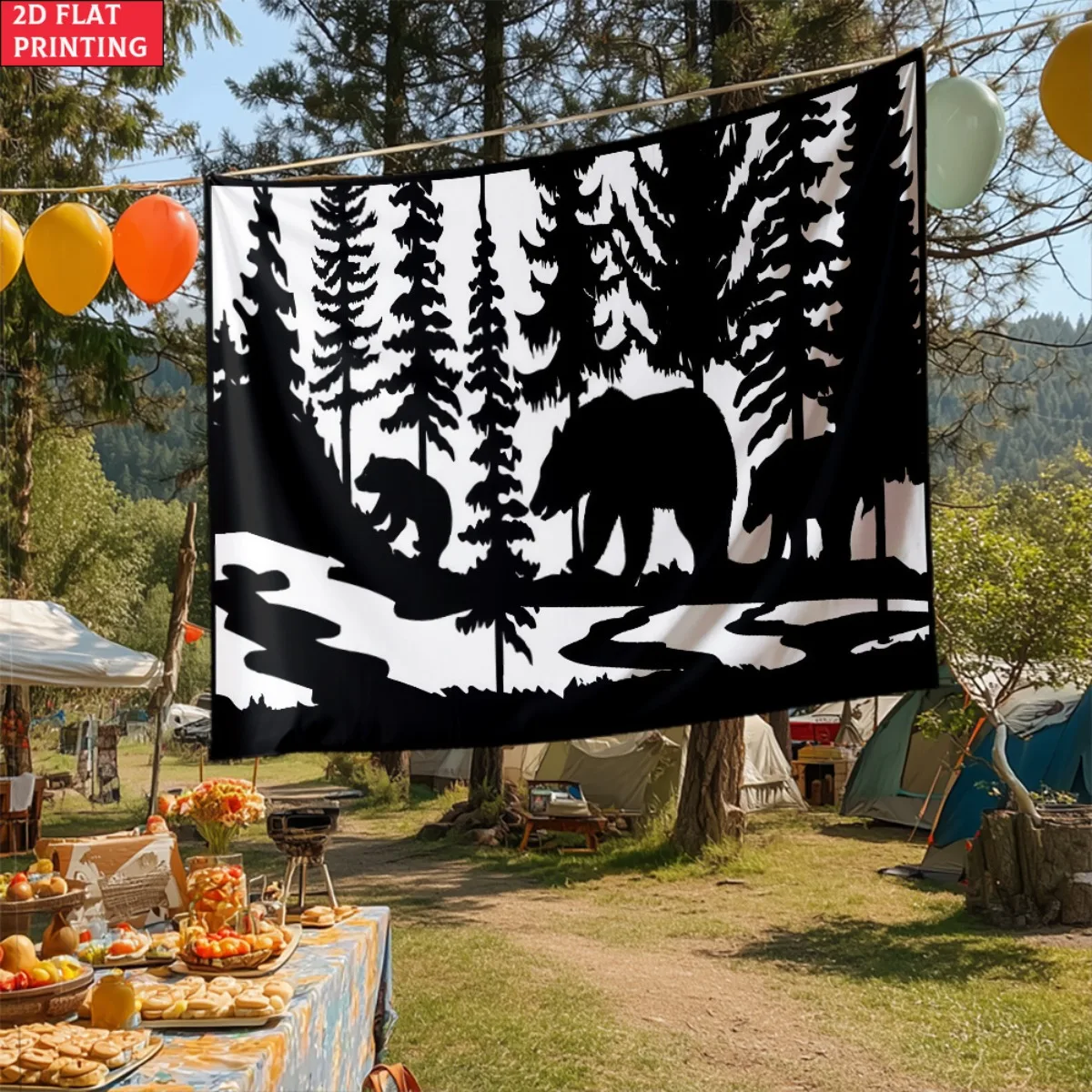 unframed Bear forest silhouette black white wall tapestry nature wilderness decor cabin lodge style animal print living room wal