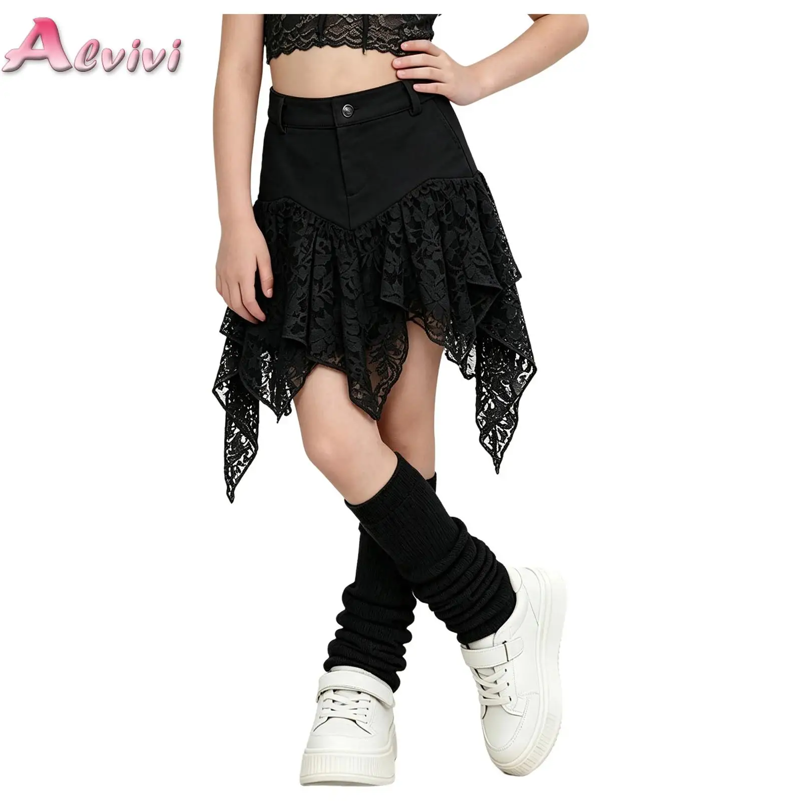 Kids Girls Fashion Streetwear Y2K Irregular Flowy Lace Patchwork Skirt Zipper Fly Skirt for Birthday Party Vacation Photography