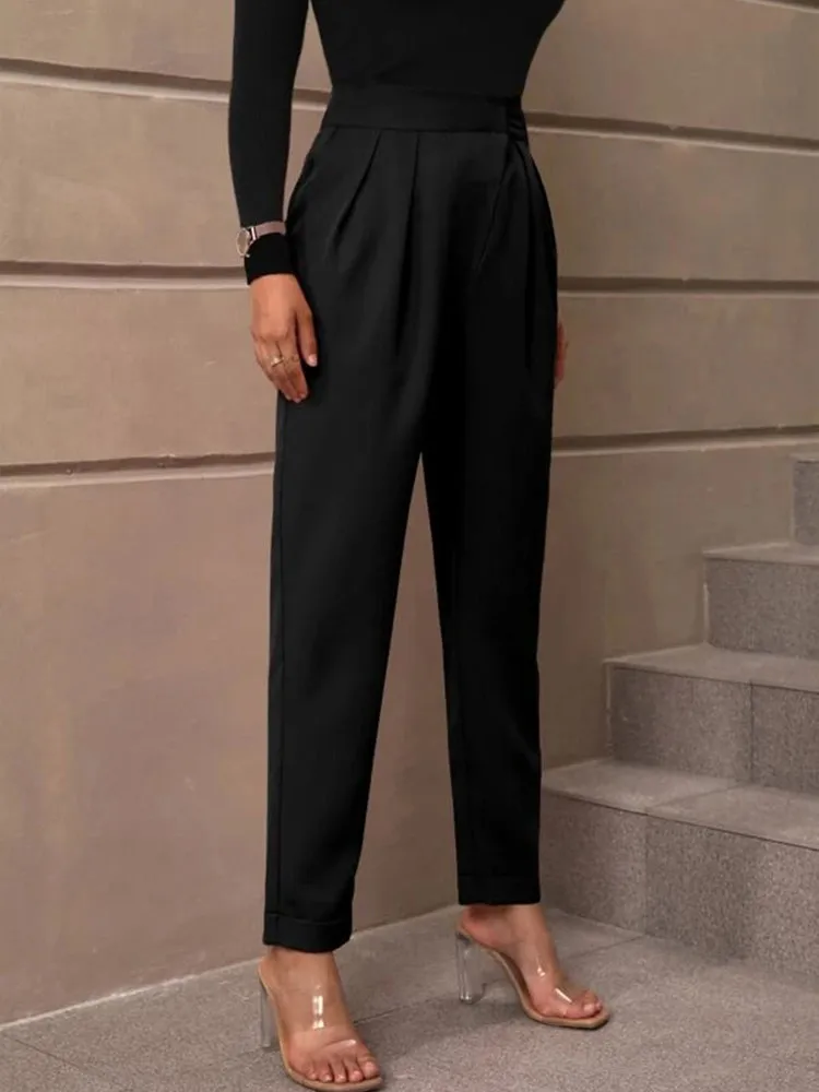 2024 Fashion Casual Women\'s High-waisted Solid Black Color Ninth Pants Suit Diagonal Pocket Tapered Trousers And Pants