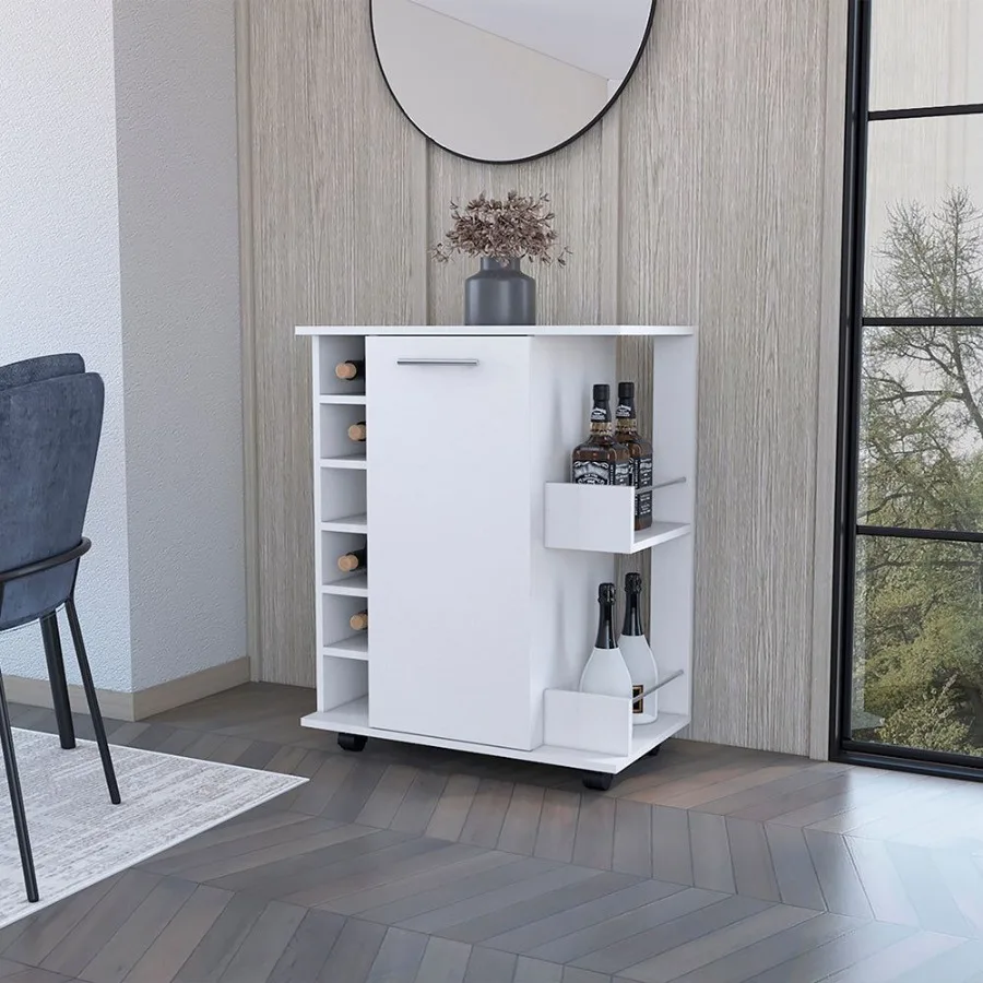 

Bar Cart with SixWine Cubbies Cabot TwoSide Storage Shelves and Casters White Finish