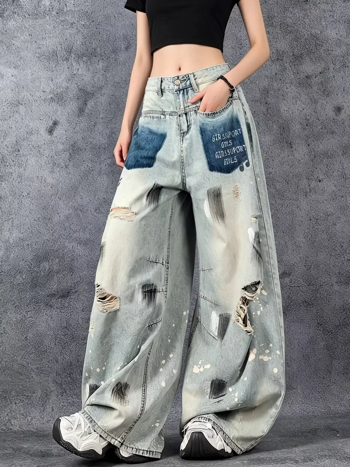 Jeans Women Denim Pant Straight Trousers Wide Leg Long Pants High Waist Y2k Streetwear Casual Mom Jeans Splice Denim Pants