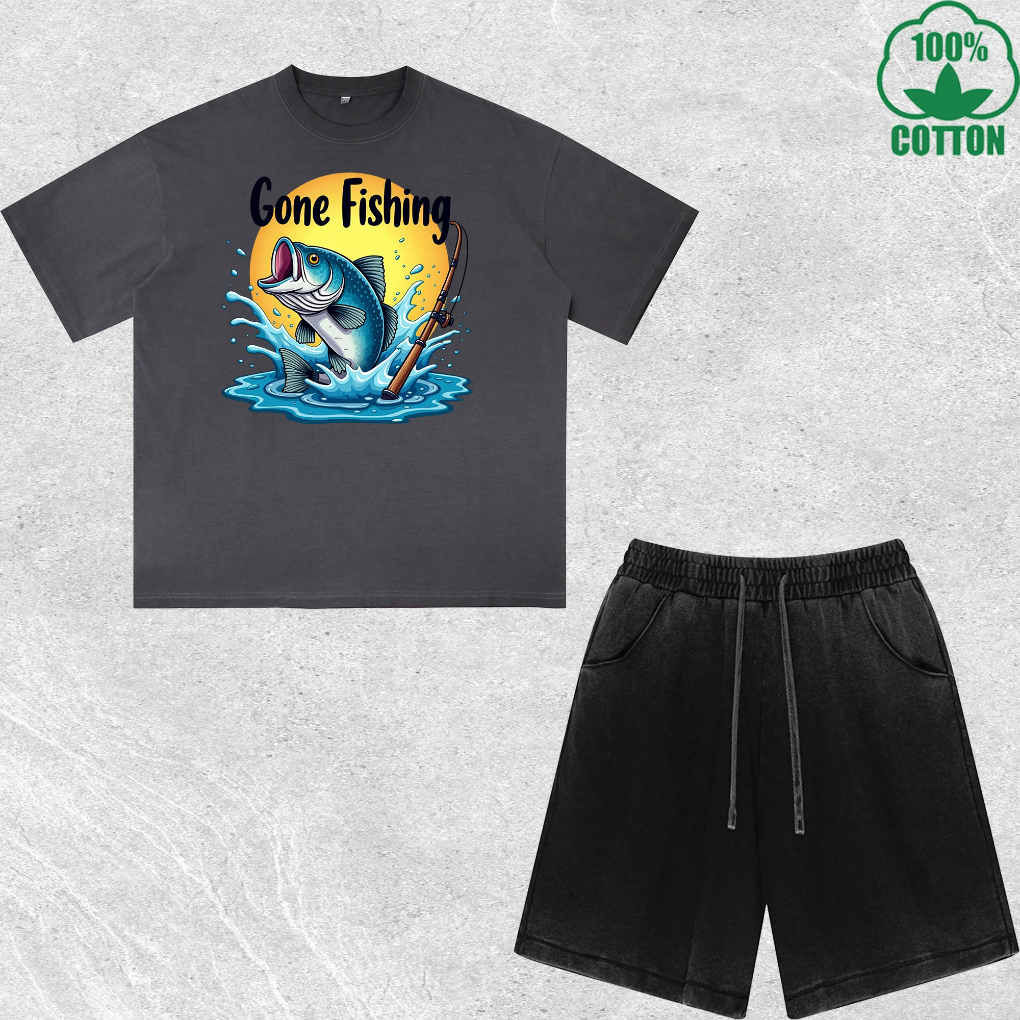 

Gone Fishing Printed Dirty Wash T-Shirt Shorts Set Multicolor Combo Loose Trendy Fashionable 100%Cotton