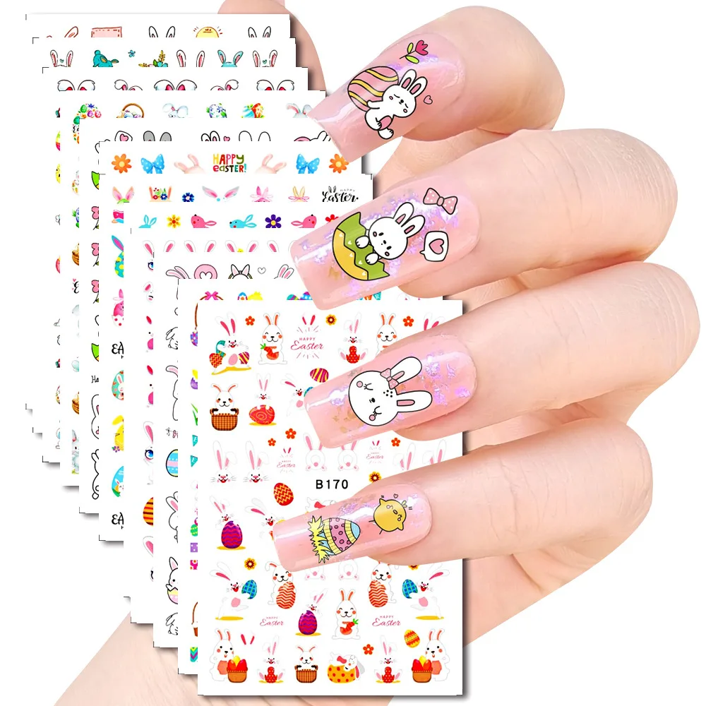 12 Sheets Easter Day Series Beautiful 3D Colorful Eggs Rabbits Adhesive Nail Art Stickers Decals Manicure Ornaments Accessories