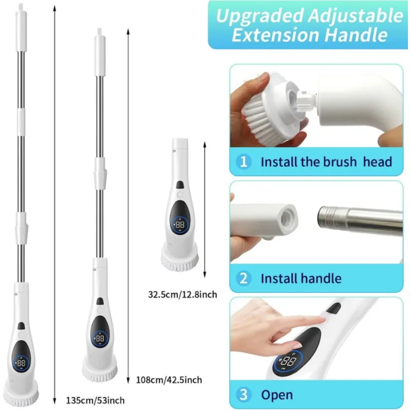 9 Replaceable Heads for Electric Spin Scrubber Shower Cleaning Brush with LCD Screen Voice Broadcast for Bathroom Floor