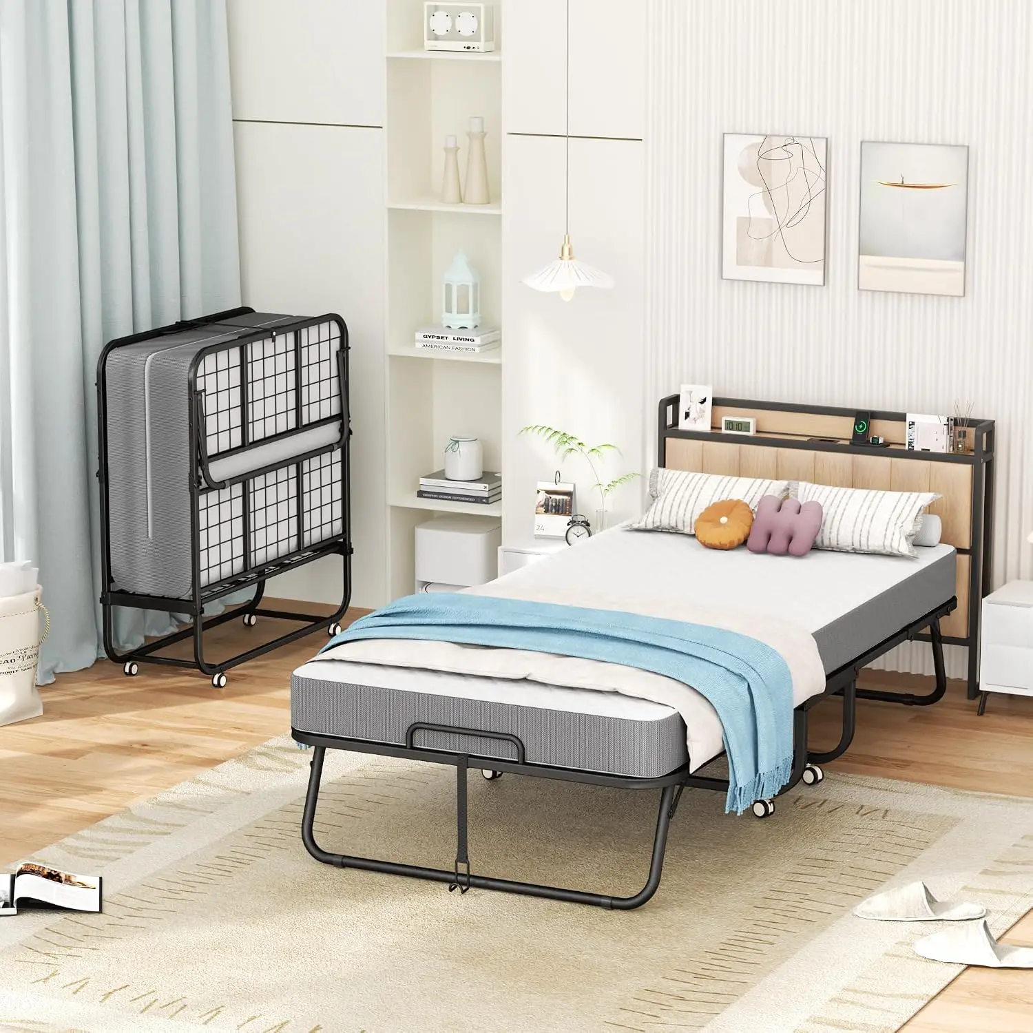 5-Inch Memory Foam Folding Twin Bed with 300 lb Capacity, Lockable Casters & Slim 14-Inch Folded Design for Easy Storage