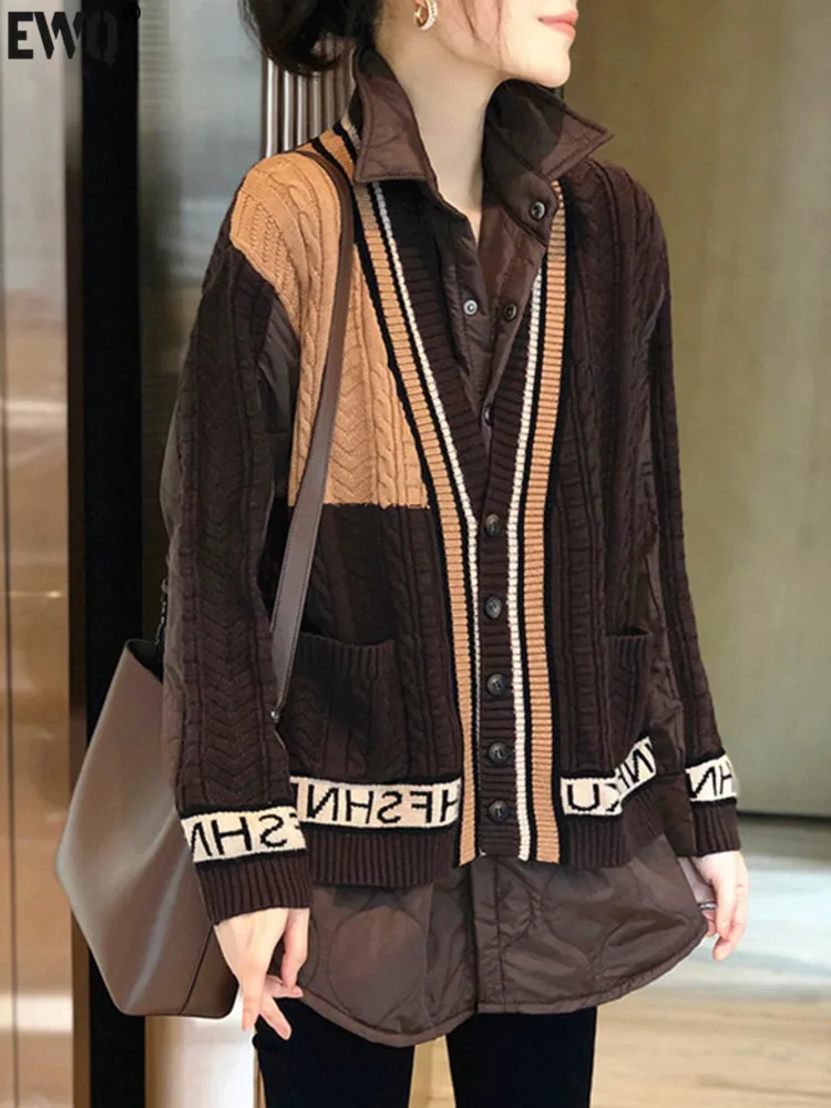 [EWQ] Fake 2 Piece Cotton Spliced Knit Cardigan Long Sleeve Single Breasted Thick Women Sweater Jacket 2024 Autumn New 16O2573