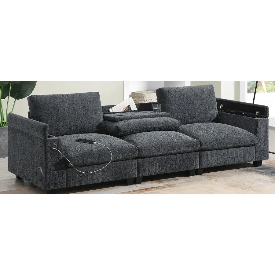 

9635''Chenille Sectional Sofa with Bluetooth Speaker Comfy Cloud Couch Set with Drop Down Table Cup Holders USB Charger Storage