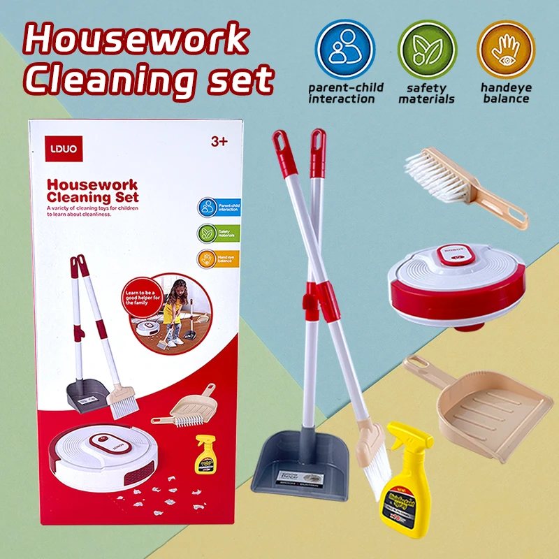 

Kids' Cleaning Set with Sweeping Tool, Robot Vacuum, Cleaning Solution & Brush – Role-Play Toy for Ages 3+, Safe & Durable