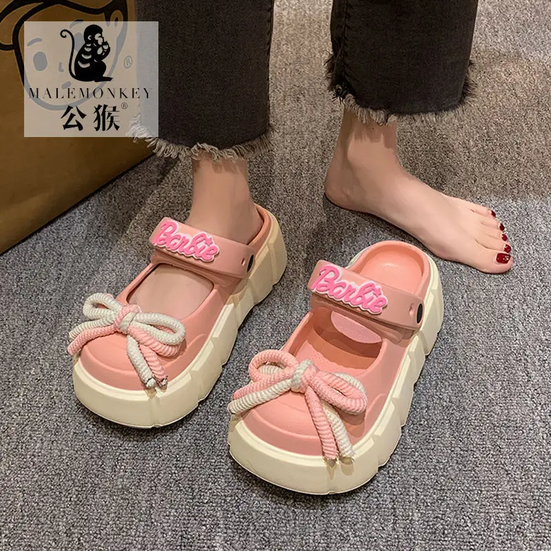 2024 Kawaii Barbie Summer Bow Barbies Baotou Elevated Slippers Y2K Women Cartoon Outdoors Sand Slippers Birthday Girl Gifts Toys