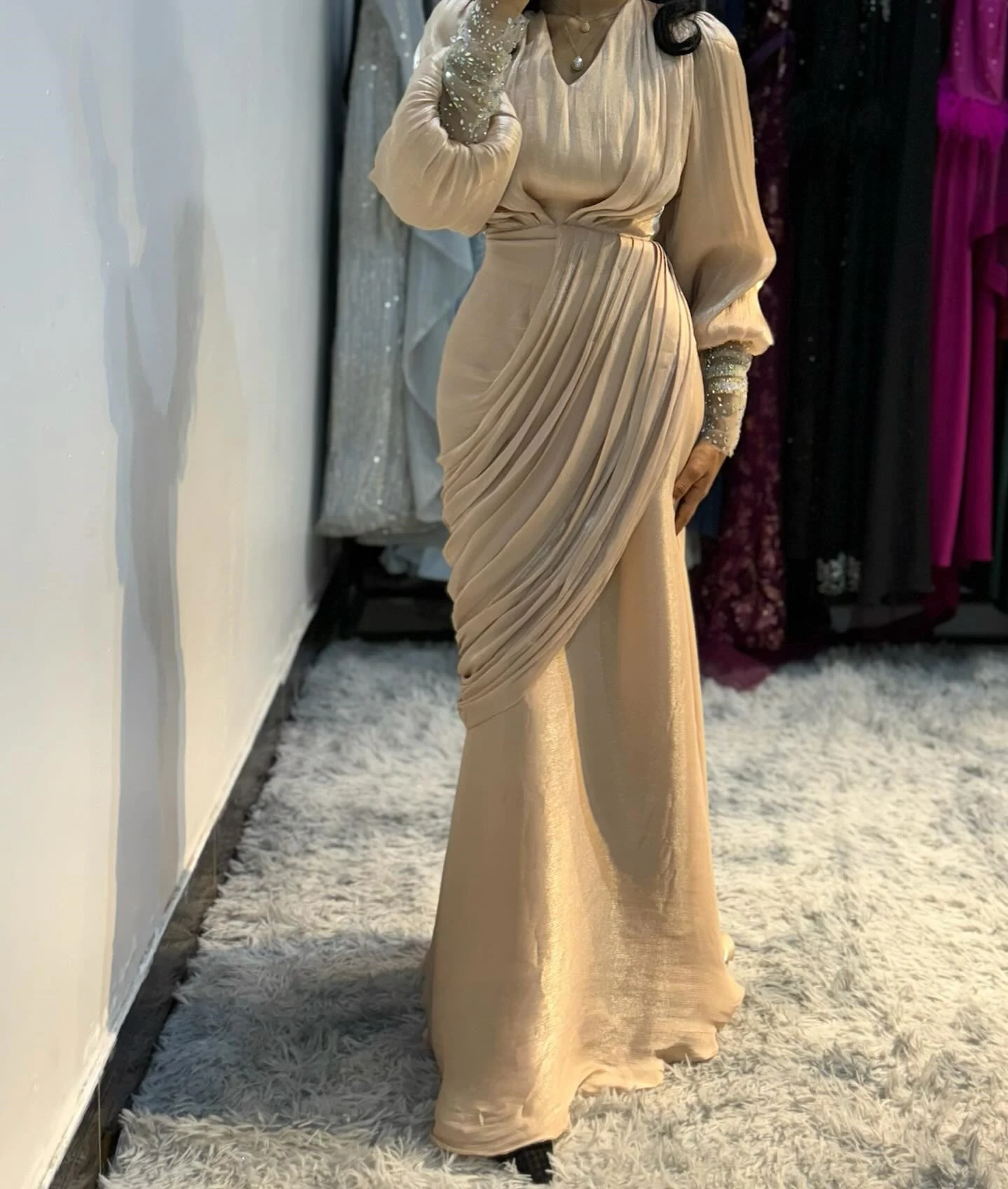 

Платье в Саудовской Аравии по индивидуальному заказу, с длинными рукавами и V-образным вырезом, длиной до пола, вечерние платья, плиссированное вечернее платье русалки