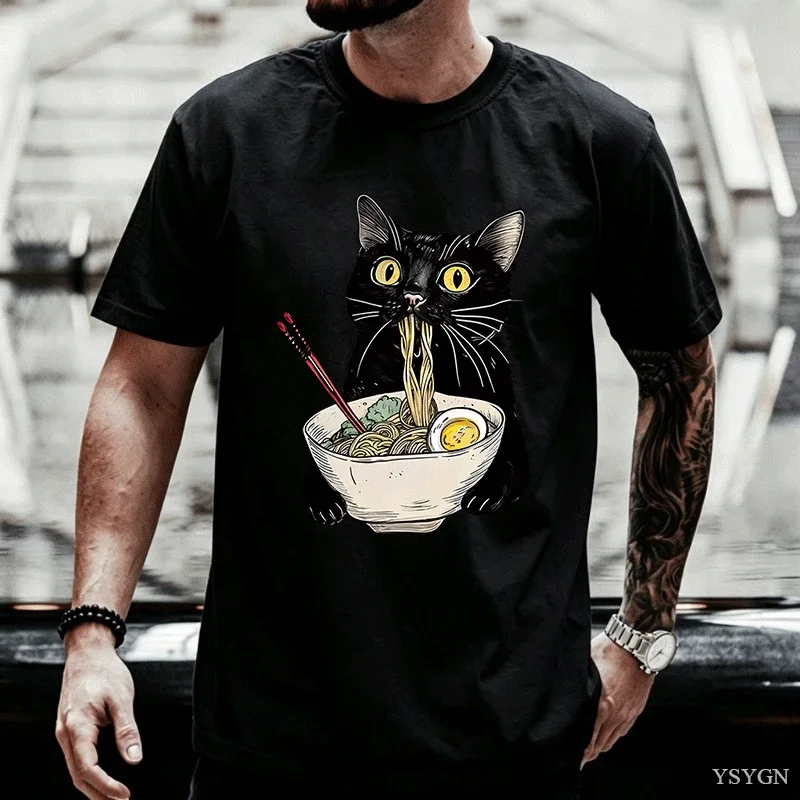 Noodle Ramen Cat Shirt Teen Pop Culture Graphic Comfortable Gothic Vintage Classic T-shirt Men 80s Comfortable 2000s Kawaii Tops