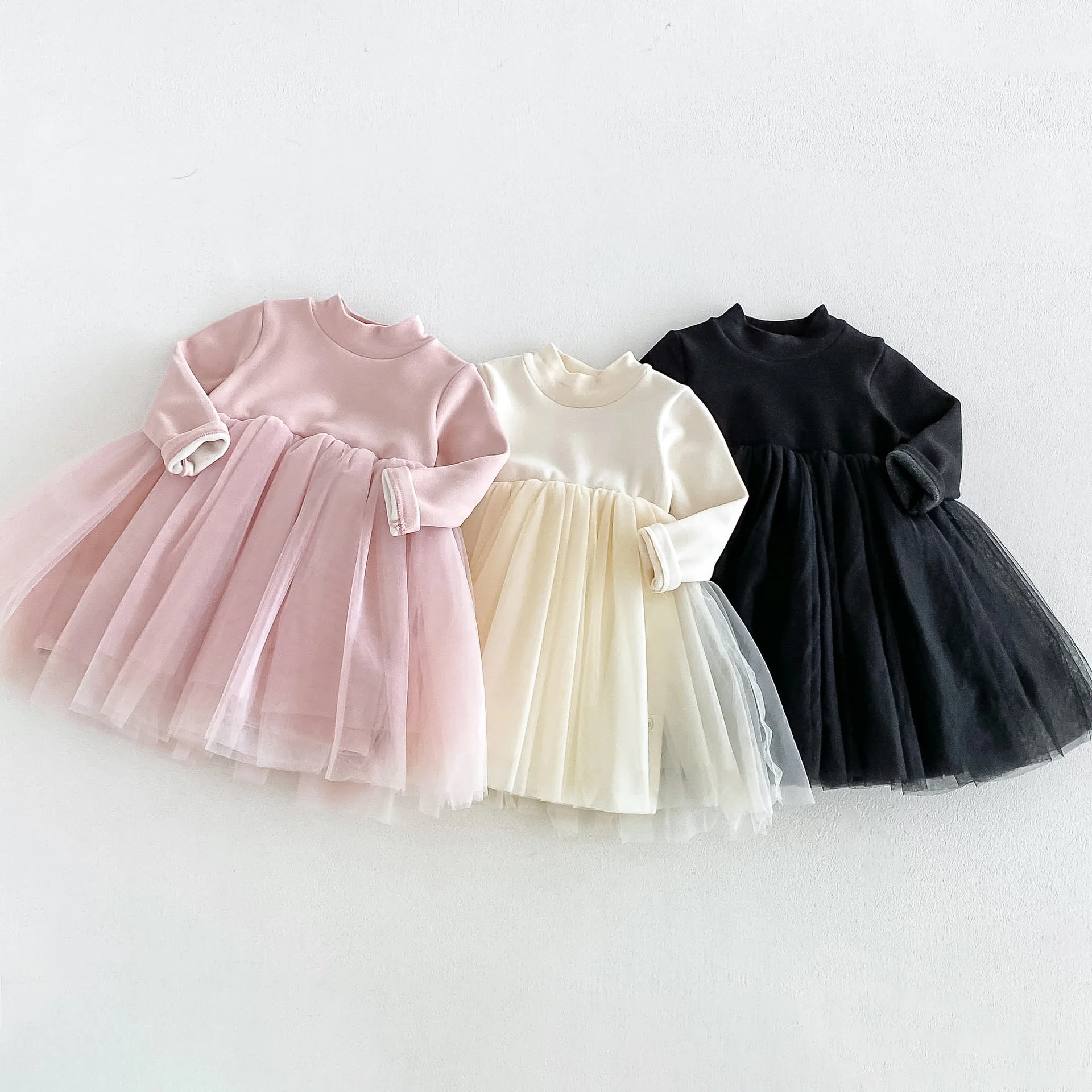 2026 New Winter Girls Fleece-Lined Dress | Solid Color Tulle Princess Gown | Warm Party Dress