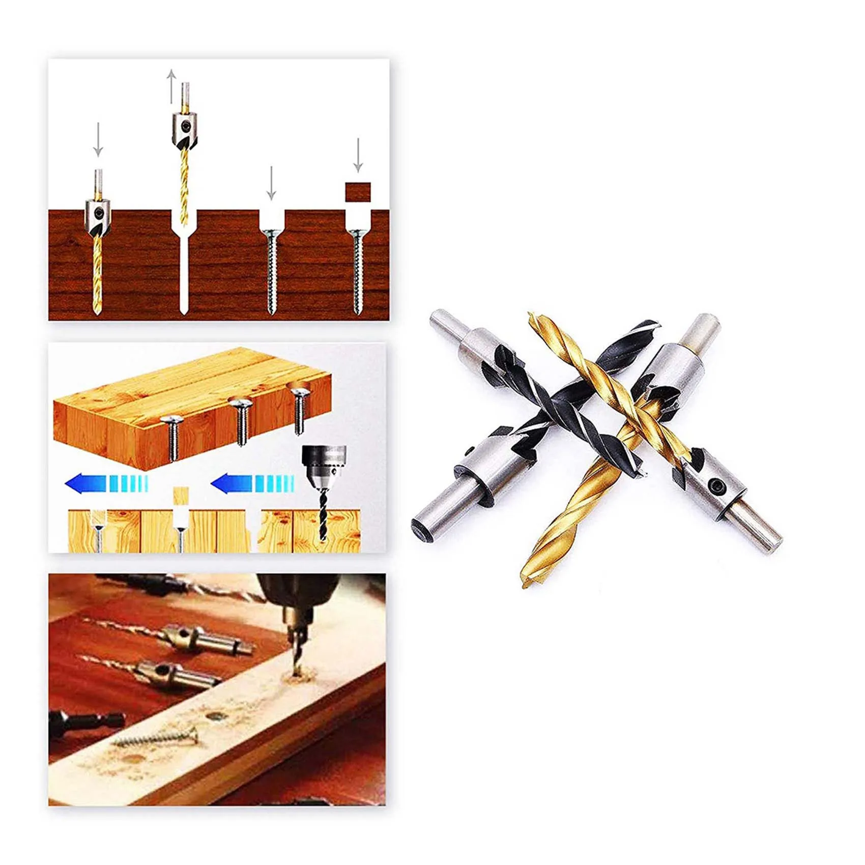 

B69C 4 PCS Titanium Coated Countersink Drill Bit Set Woodworking Carpentry Reamer Tool Set With Hex Key Wrench