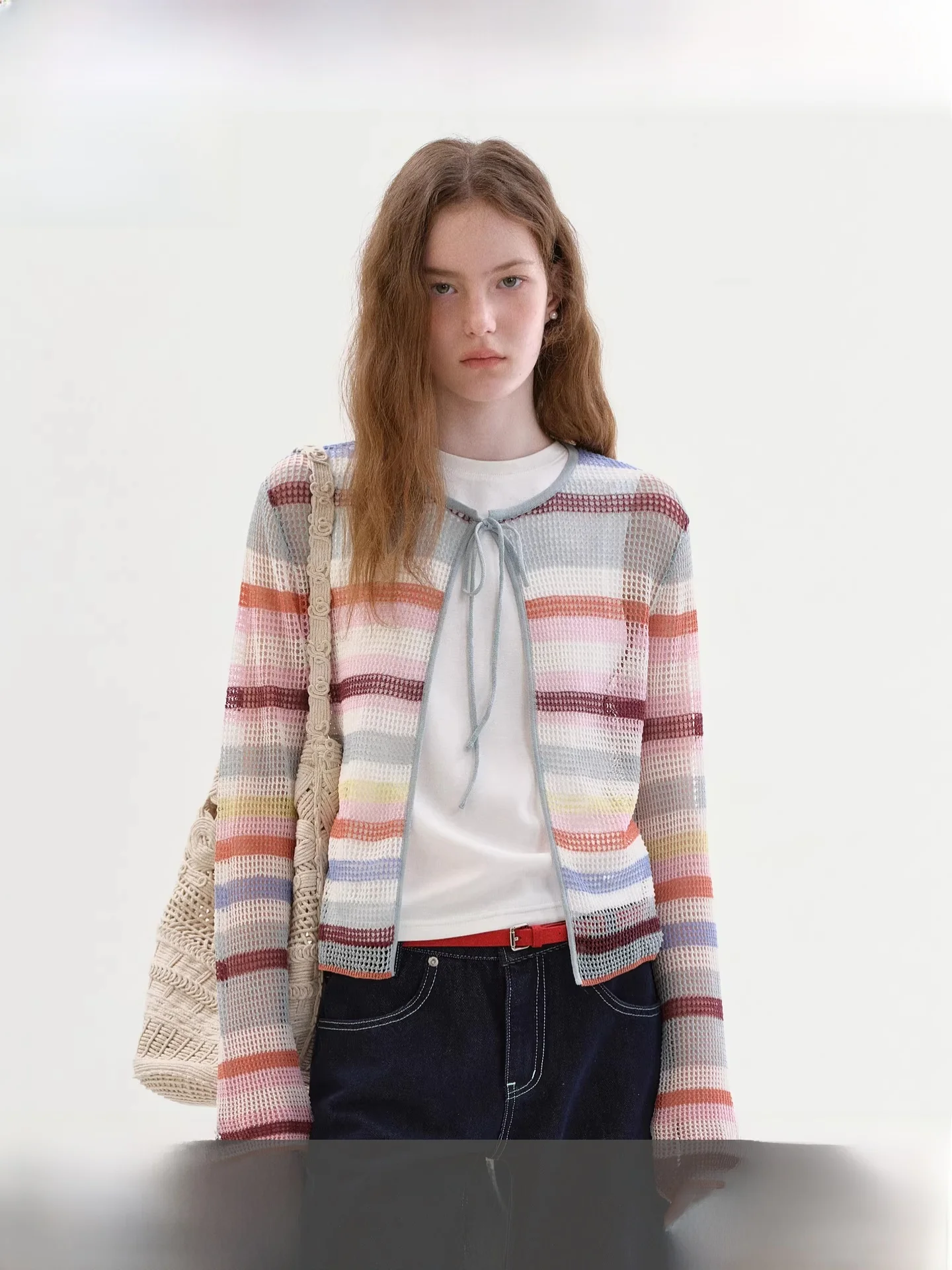 

Женский вязаный кардиган Fano Color Blo в полоску с вырезами, весна 2026, с круглым вырезом, на завязках на талии, тонкий, дышащий, укороченный топ