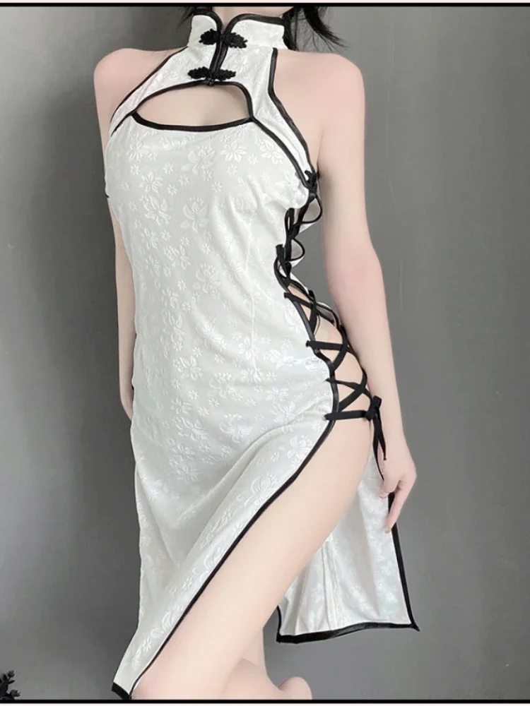 Plus Size Lingerie Cheongsam Women Floral Lace Up Side Slit Traditional Chinese Qipao Dress Nightclub Stage Performance Outfits