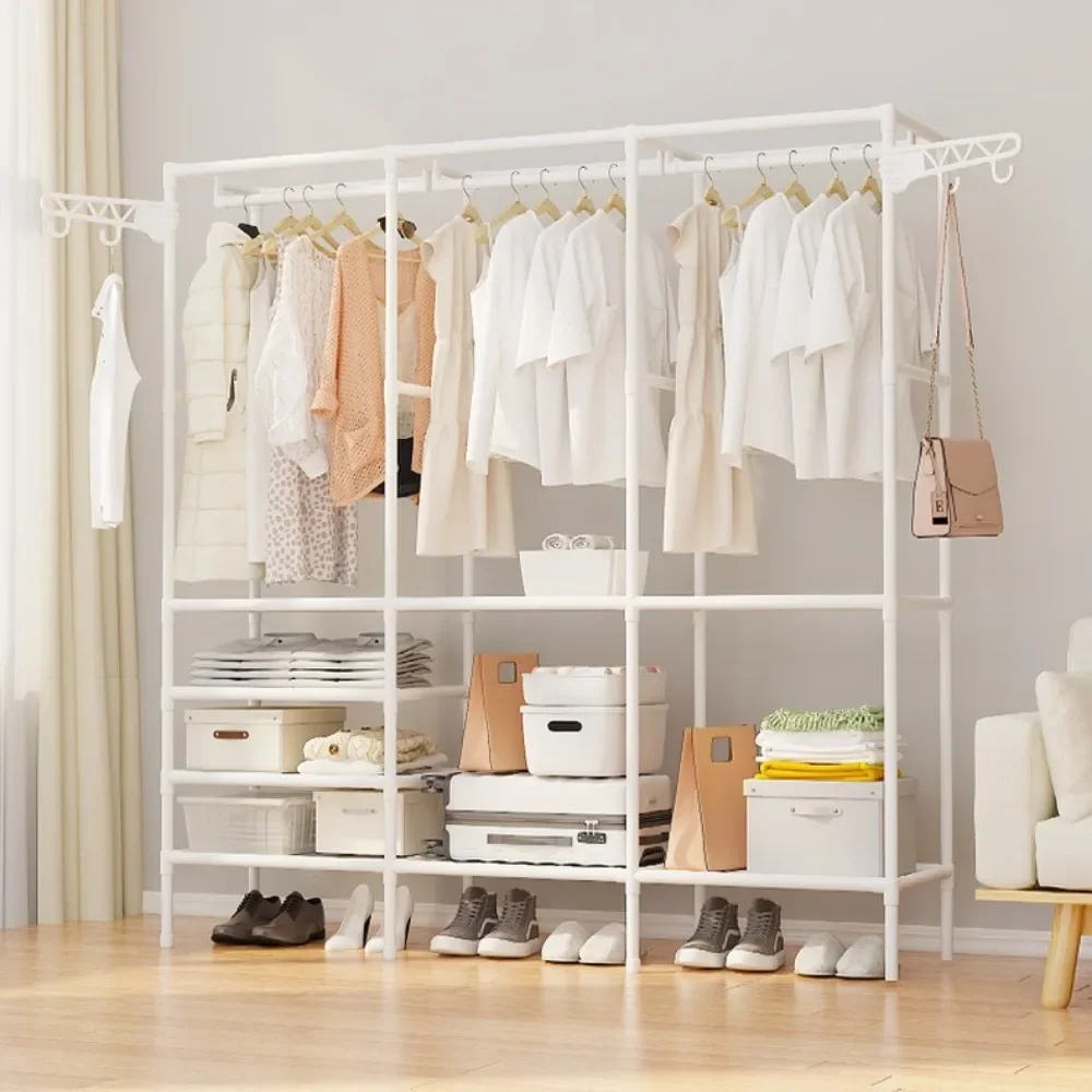 Double-Row Coat Rack Floor For Clothes And Shoes Household Storage Shelf Clothes Hanger Simple Assembly Large Wardrobe Hangers