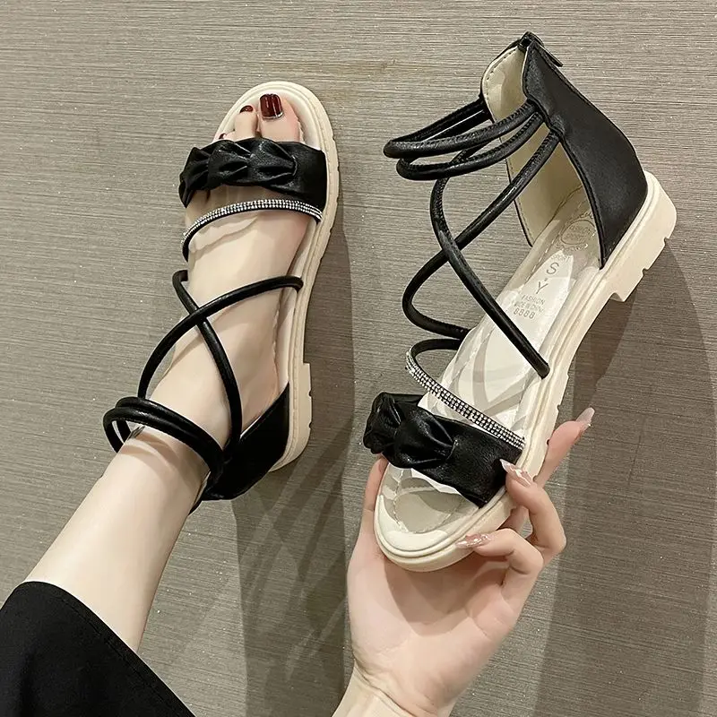 Footwear Zip Sandals for Woman Rhinestones Women\'s Shoes with Low Heels Summer 2024 Roman Style Diamond Green F H Daily Vintage