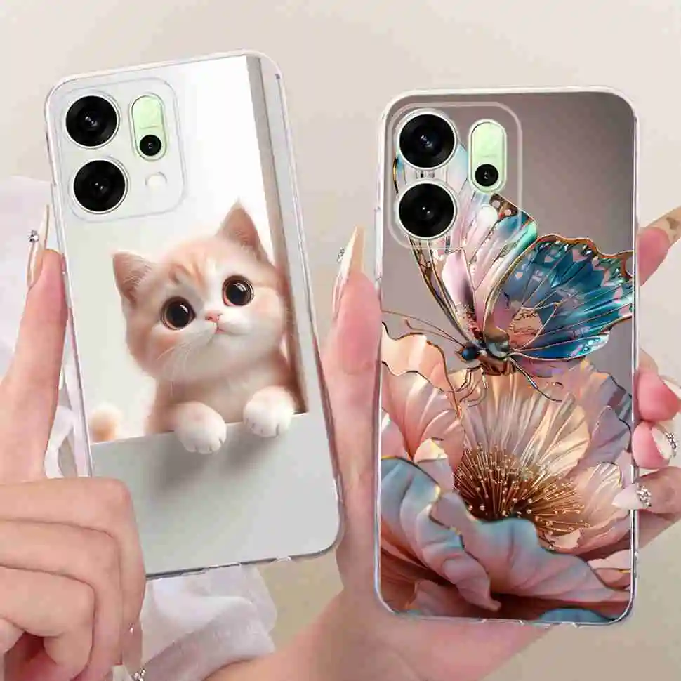 For Oppo Reno14 5G Case Lovely Cartoon Cat Butterfly Soft Silicone TPU Clear Cover For Reno14 5G PLA110 CPH2737 Phone Cases Capa