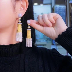 Natural Fresh Water Pearl Tassel Earrings For Women Fine Jewelry Elegant Party Female Gift 925Sterling Silver With Cubic Zircon