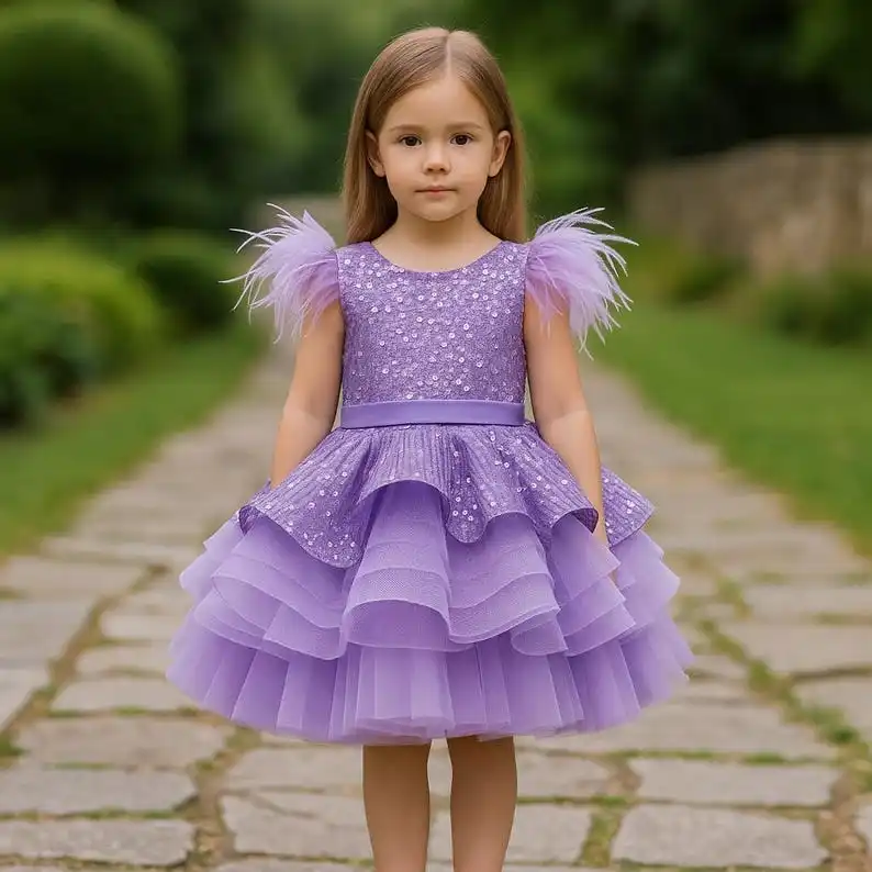 

Flower Girls Dress Handmade Lilac Sequin & Feather Birthday Dress: Puffy Tulle Toddler Gown for Wedding Party
