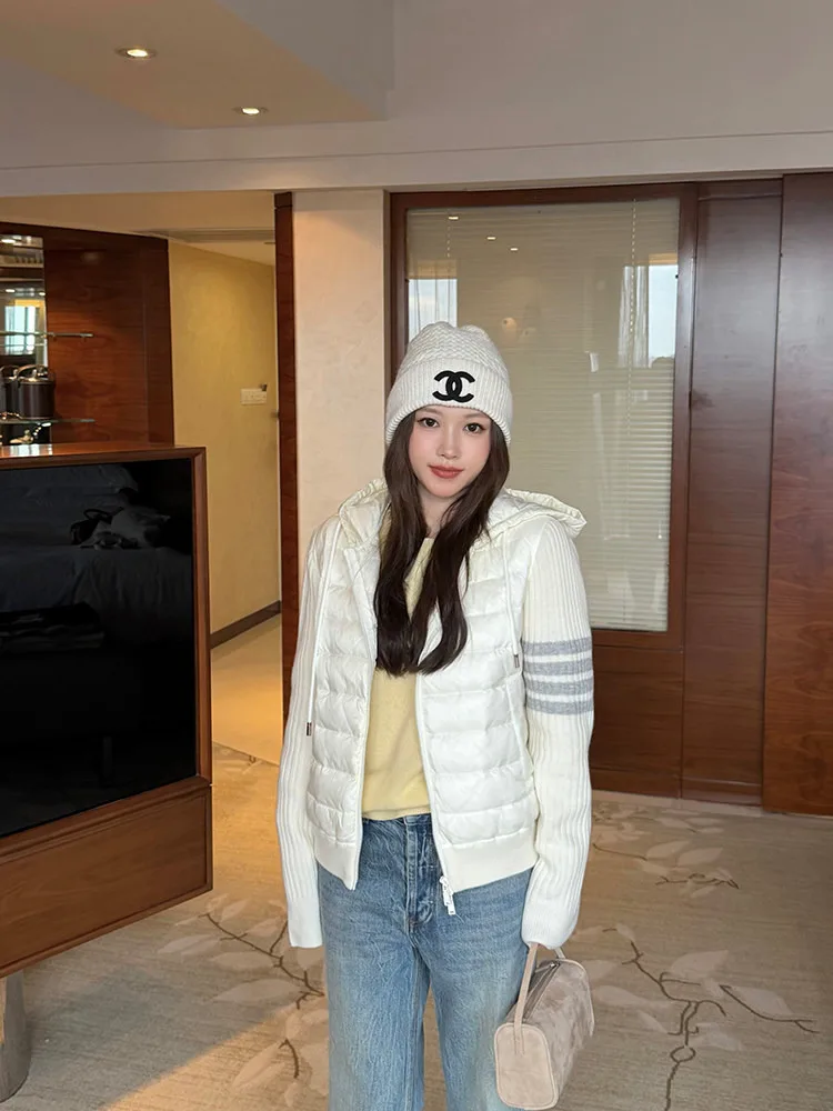 

Повседневная женская пуховая куртка с капюшоном, вязаная, с теплым наполнителем из белого пуха, осенне-зимняя верхняя одежда