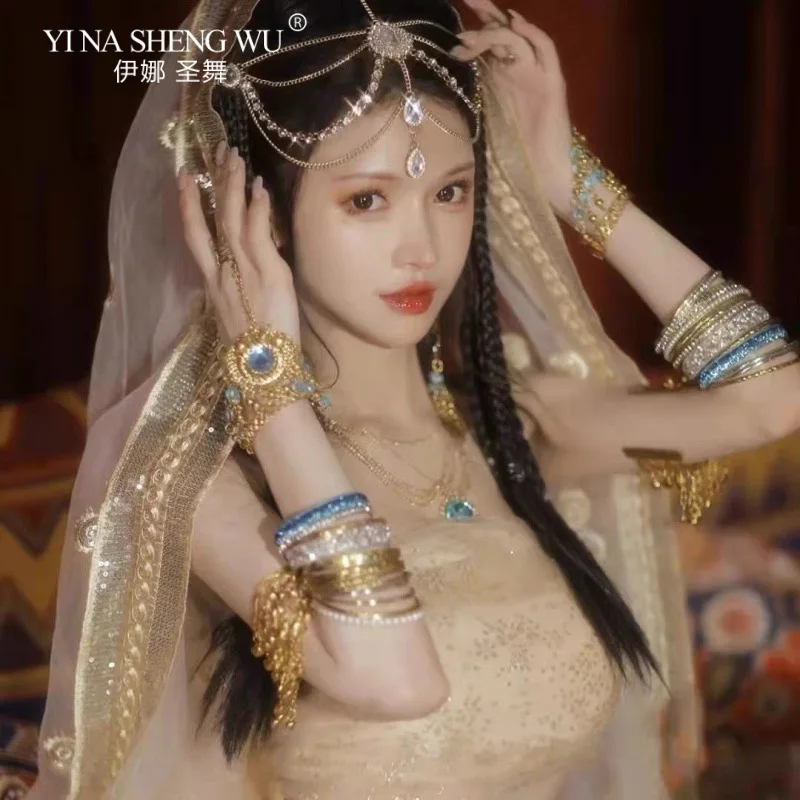 Pulseira de dança indiana, acessórios de dança do ventre, joias indianas, mulheres, performance de palco, corrente de cabeça, brincos, conjuntos de colar