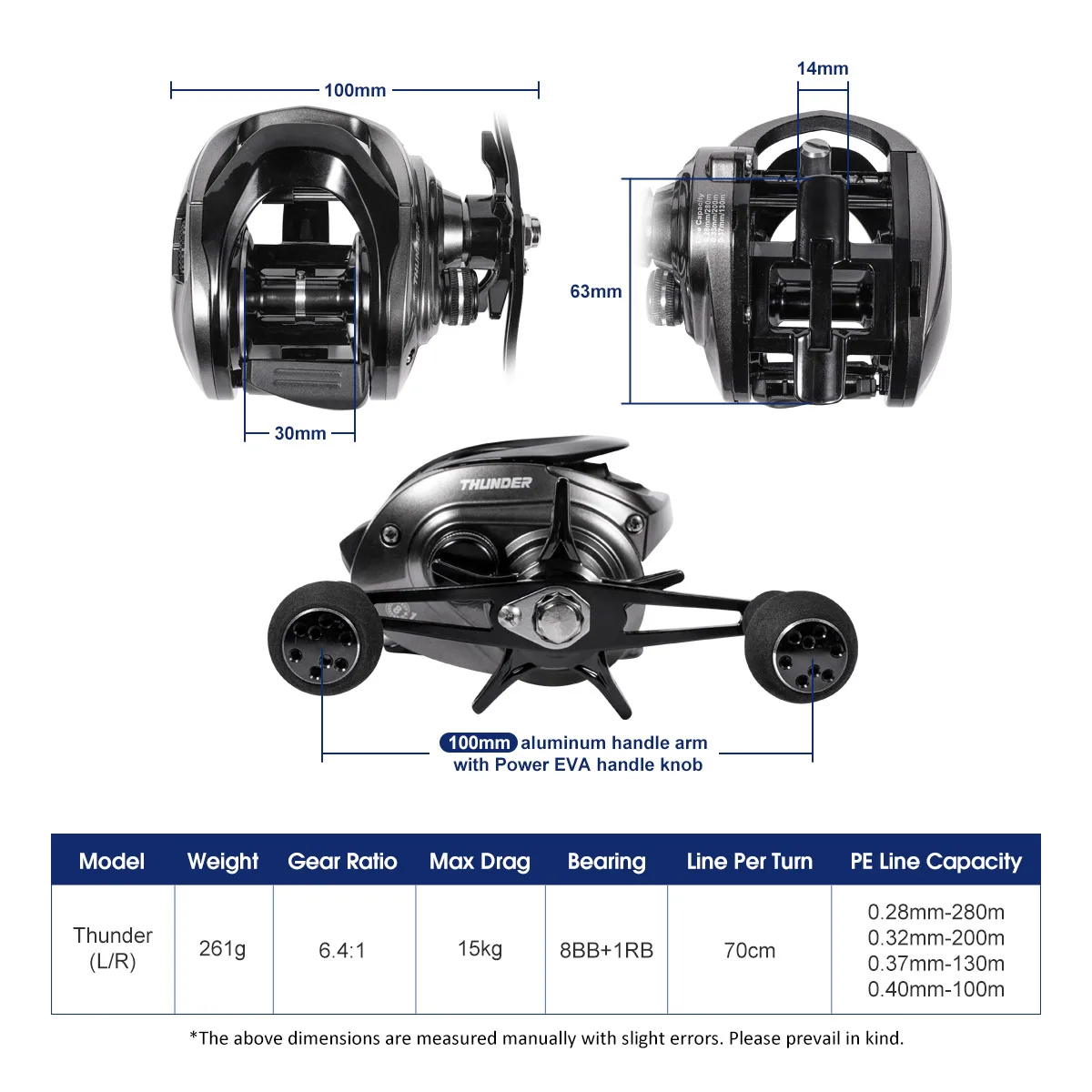 NOEBY Leisure THUNDER Baitcasting Reel 6.4:1 Gear Ratio 8+1BB Bait Casting Fishing Reel 15KG Power Baitcaster Coil Fishing Gear