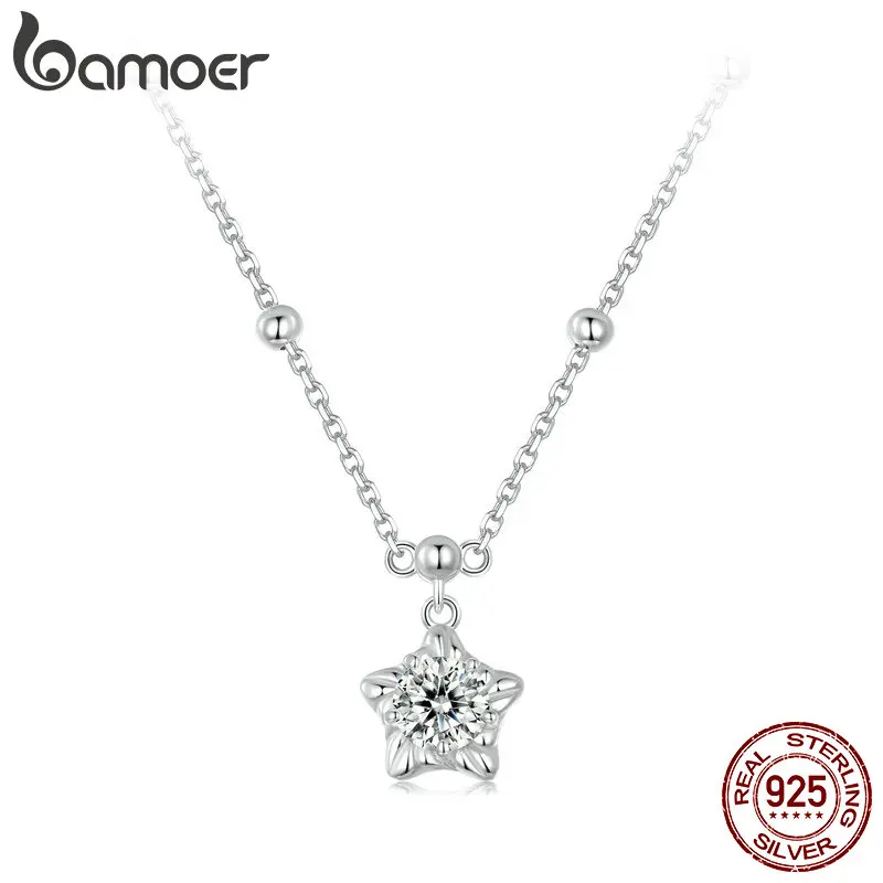 BAMOER 0.5CT Star Brilliant Cut Moissanite Pendant Necklace 925 Silver Flower Lab Diamond Test Past D Color Gemstone Necklace