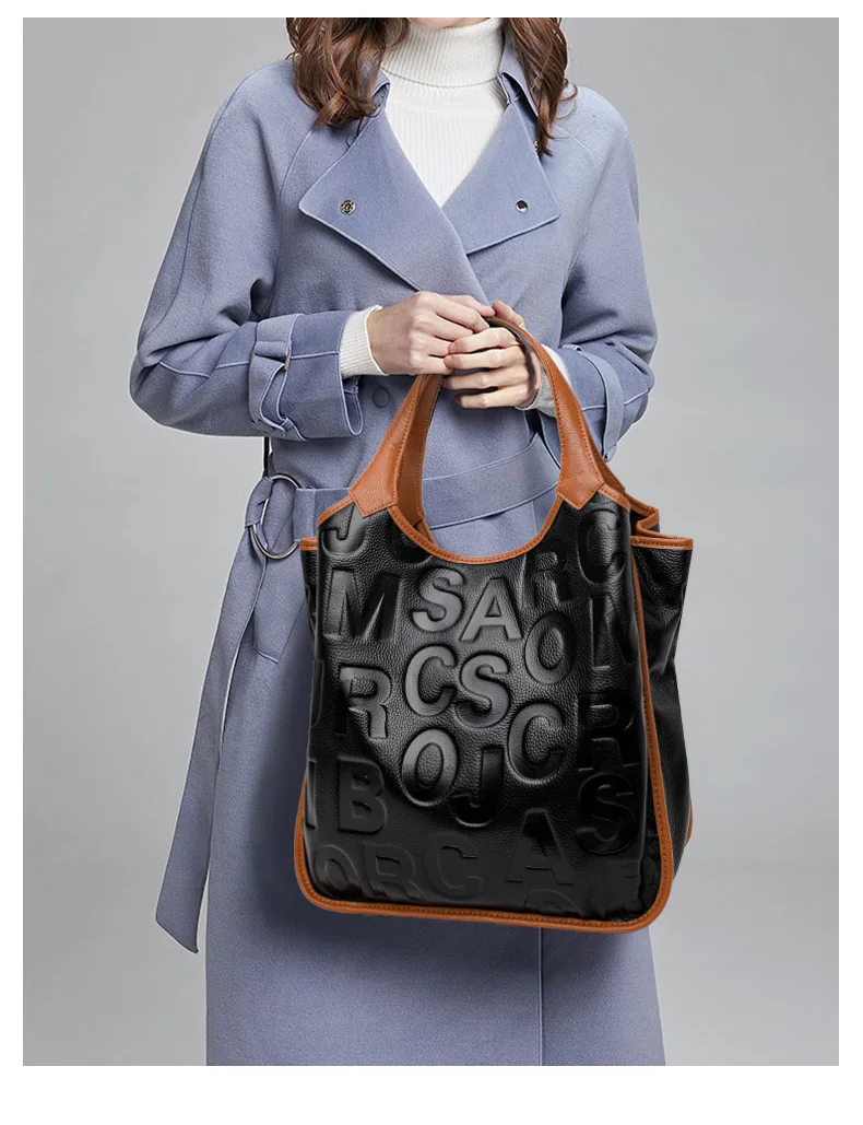 Aidrani Damen-Handtasche mit großer Kapazität, Leder, Rindsleder, Farbblock-Design, Aufschrift, Aufbewahrungstasche, Damen-Tragetasche mit Reißverschluss – Detail 4
