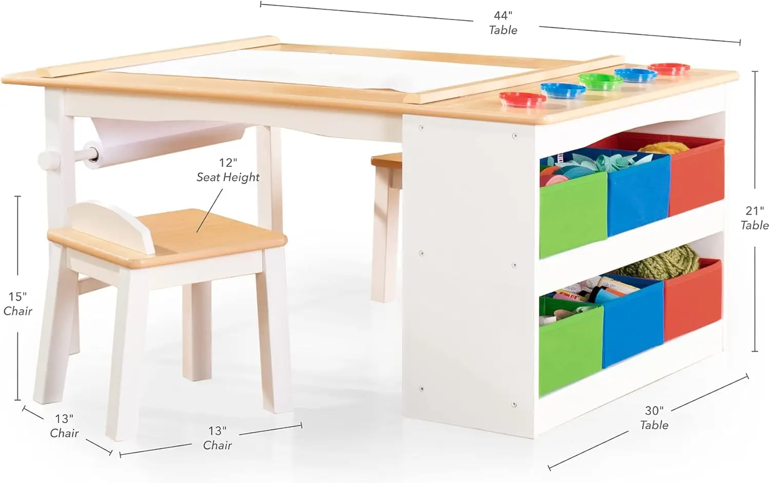 Kids Activity Table and Art Desk with Chairs and Craft Storage, Paper Roll, and Paint Cups Kids Wooden Learning Furniture