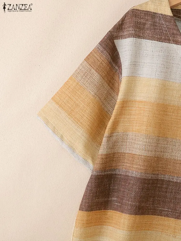 فستان تي شيرت مخطط بألوان متباينة فستان نسائي صيفي 2025 أنيق برقبة على شكل حرف v وأكمام قصيرة فساتين فضفاضة غير رسمية بطول الركبة ملابس يومية #4