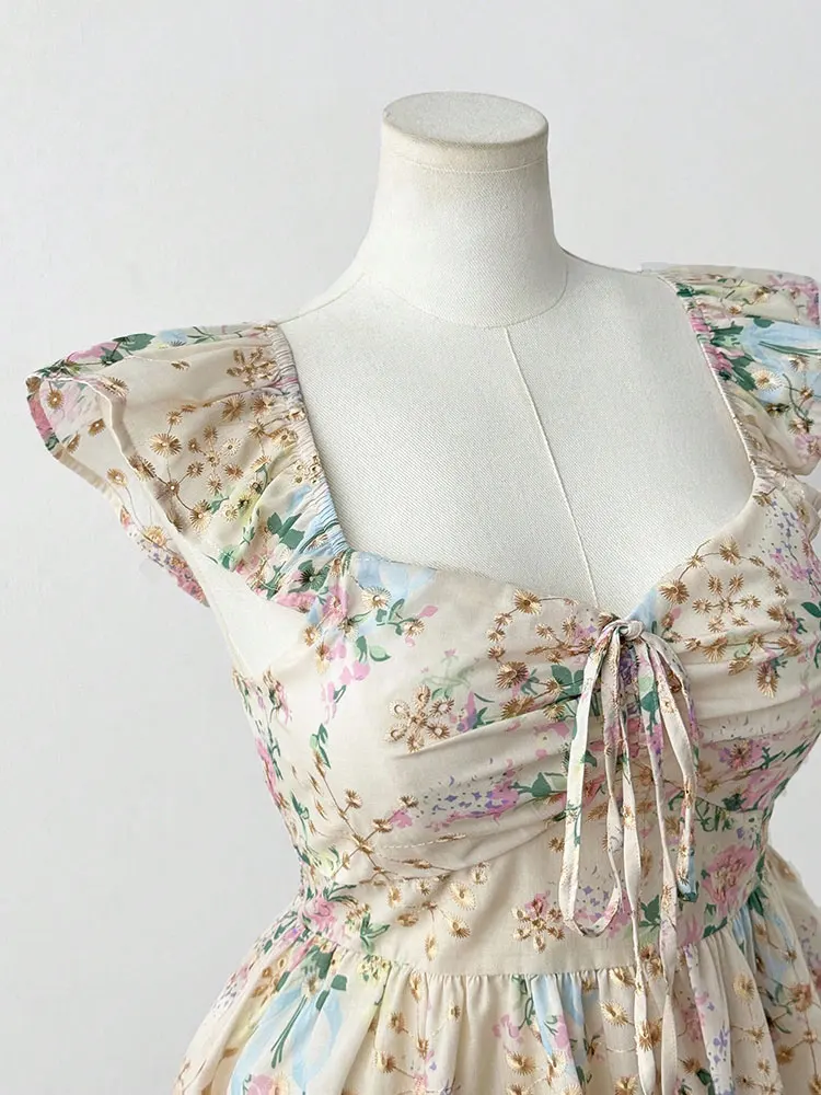 New Embroidery Floral Plus Size Short Corset Waist Ruffle Flutter Sleeve Vest Top Square Neck Drawstring Tie Beige Women Clothes view 4