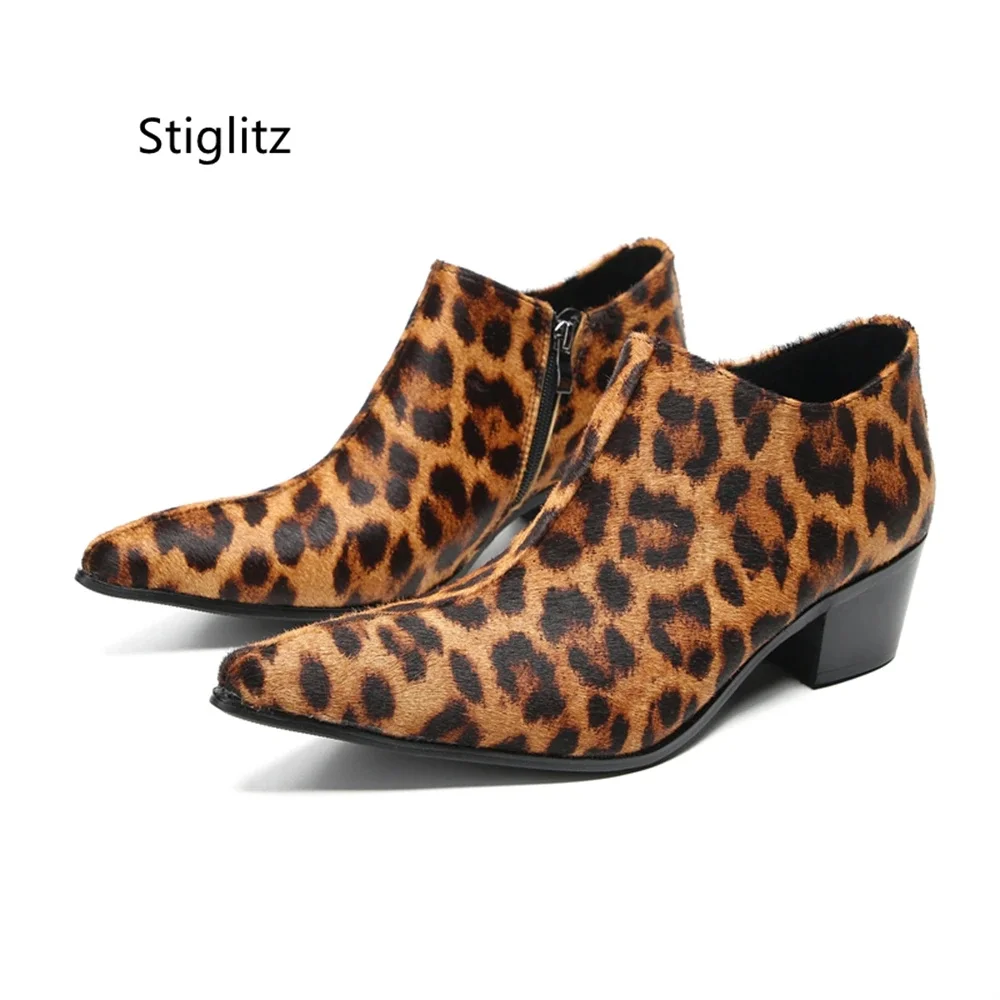 Leopard Print Men\'s Shoes Pointed Toe High Heel Side Zipper Men\'s Comfortable Casual Shoes Runway Party Chelseas Shoes for Men