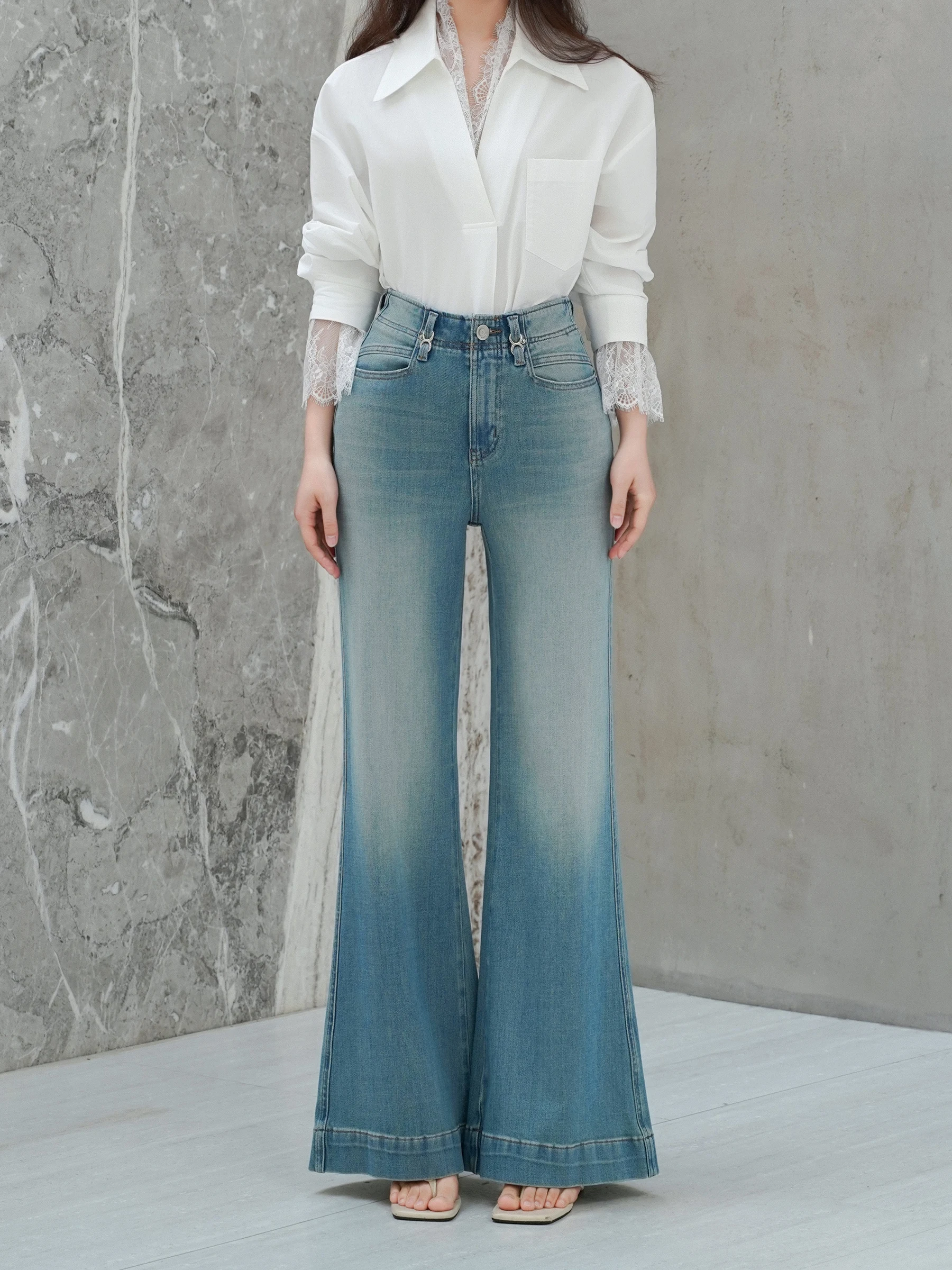 

Джинсы-клеш с высокой талией, удлиненные, женские, стройнящие, с эффектом утягивания ног, повседневные, из хлопка, эластичные