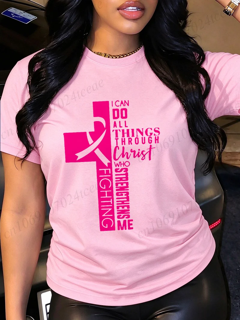 Breast Cancer Awareness Shirts,pink Ribbon Shirt,I Can Do All Things Through Christ Graphic Tshirt,Survivor Faith T-Shirts Gift