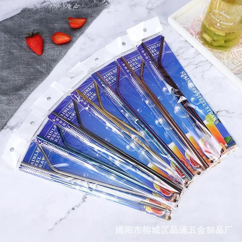 Withered Customized cross-border 304 stainless steel straw set Amazon titanium plated metal iron straw elbow tube paper card pac