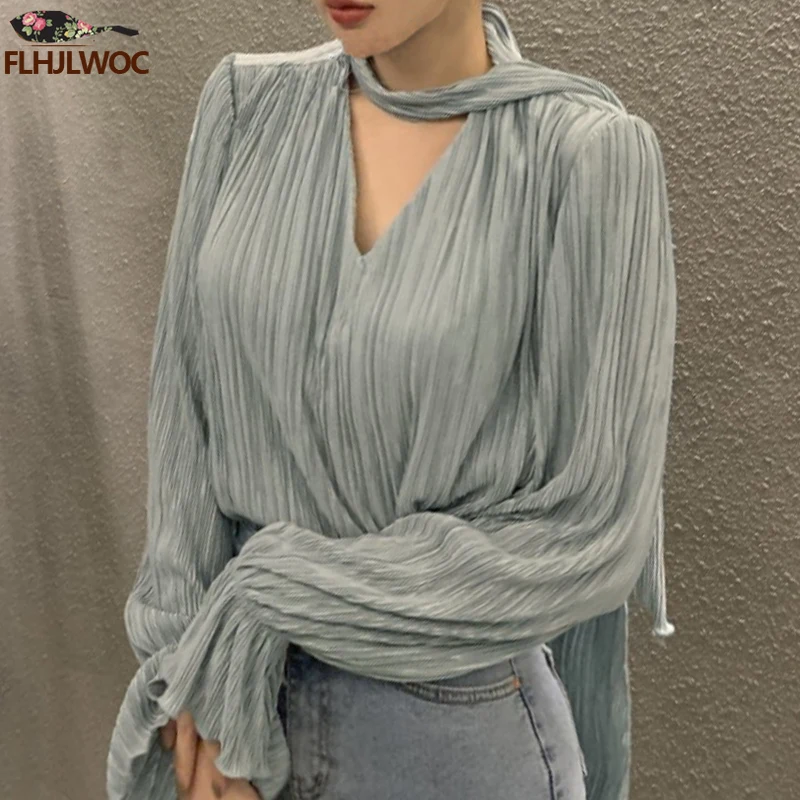 Bow Tie Tops Women Korean Style Design Clothes Flare Sleeve Elegant Office Lady Cute Ribbon Sweet Basic Shirts Blouses