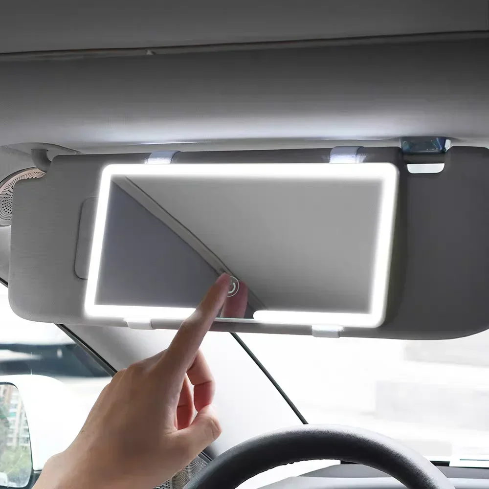 Universal Car Sun Visor LED Makeup Mirror Touch Control Dimmable Light USB Rechargeable HD Cosmetic Interior Accessory