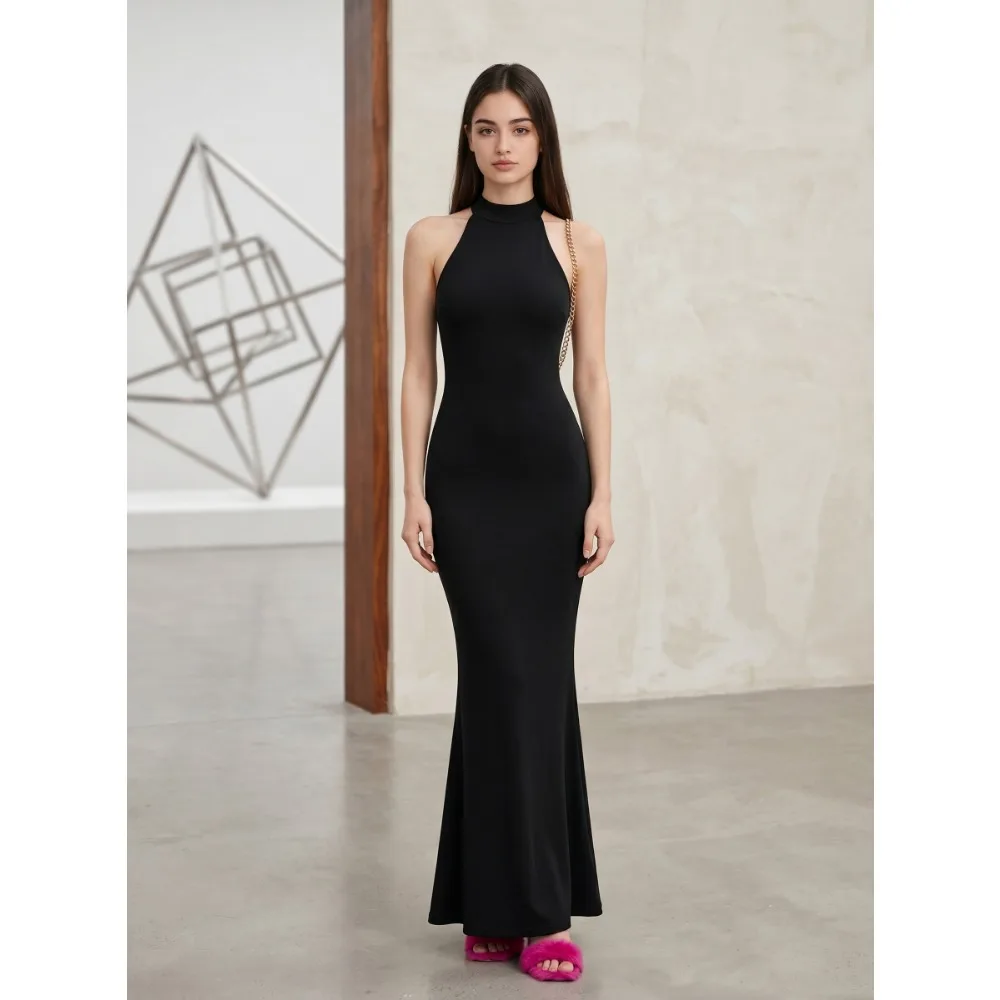 Solid 2026 Spring Summer New Sleeveless Temperament High-necked Slim Split Dress Female Sexy Off-the-shoulder Fashion Long Dress