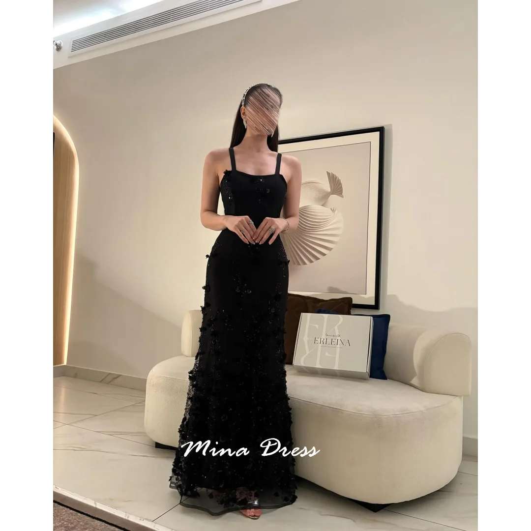 

Mina Customized 3D Flowers Arabic Evening Dress Luxury Elegant Backless Wide Shoulder Straps Sleeveless Sequins. Dresses Party