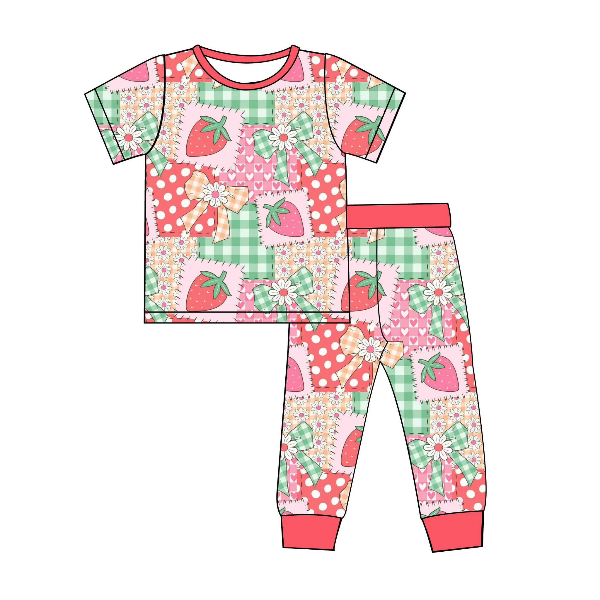 Strawberry bow floral print girls' Valentine's Day long-sleeved pants Boutique set and Romper
