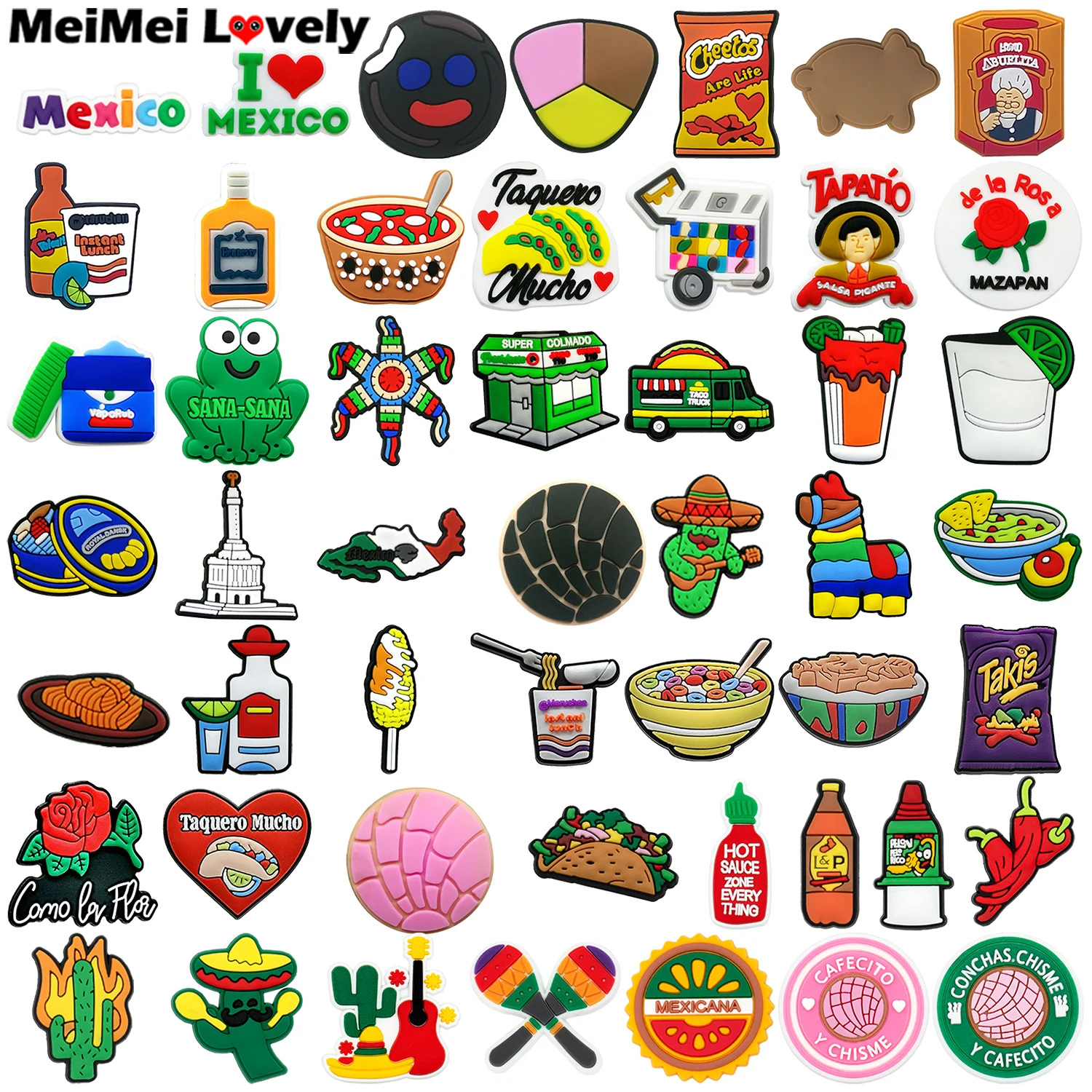 Dijes para zapatos de estilo mejicano, accesorios de decoración, pinzas para zapatos, alfileres de rosas, pantalones vaqueros, 50 piezas