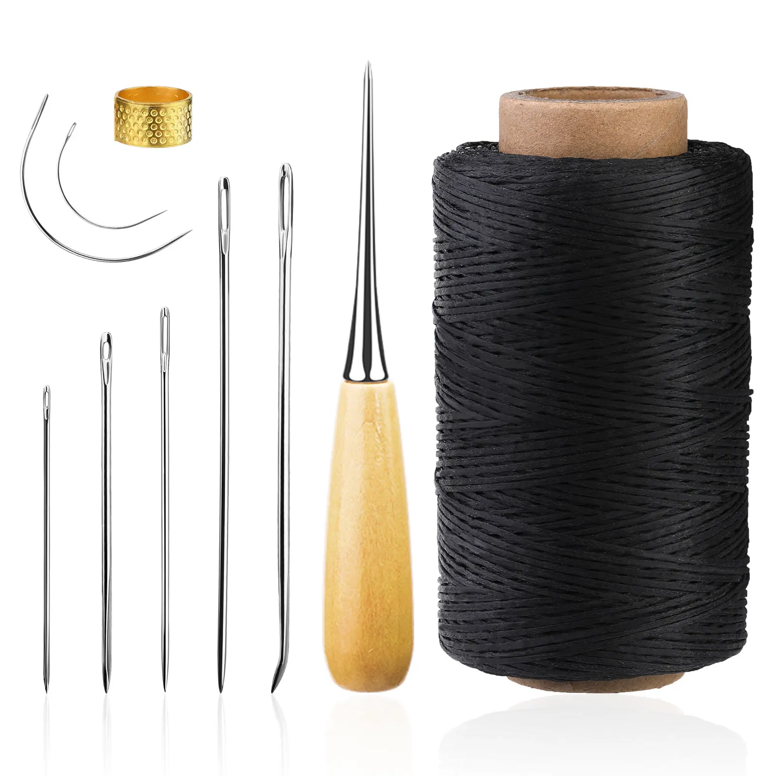 KRABALL 273 Yards Leather Waxed Thread Sewing Kit Including Black Sewing Thread Needle Awl Thimble Repair Kit for Shoe Sofa